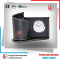 Office Stationery PU Leather Clock Desk Organizer Pencil/Pen Holder